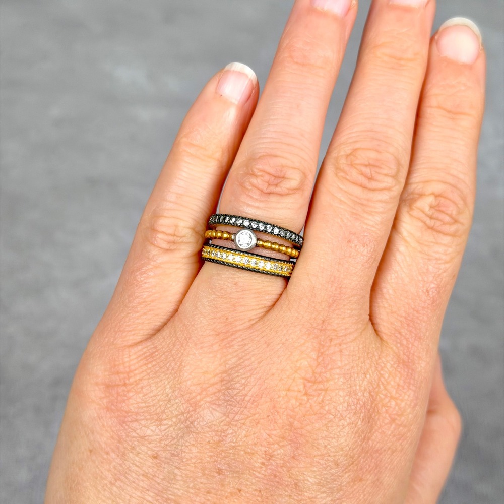 Freida Rothman Stacking Ring Set Size 6 Gold Black Rhodium Sterling Silver CZ